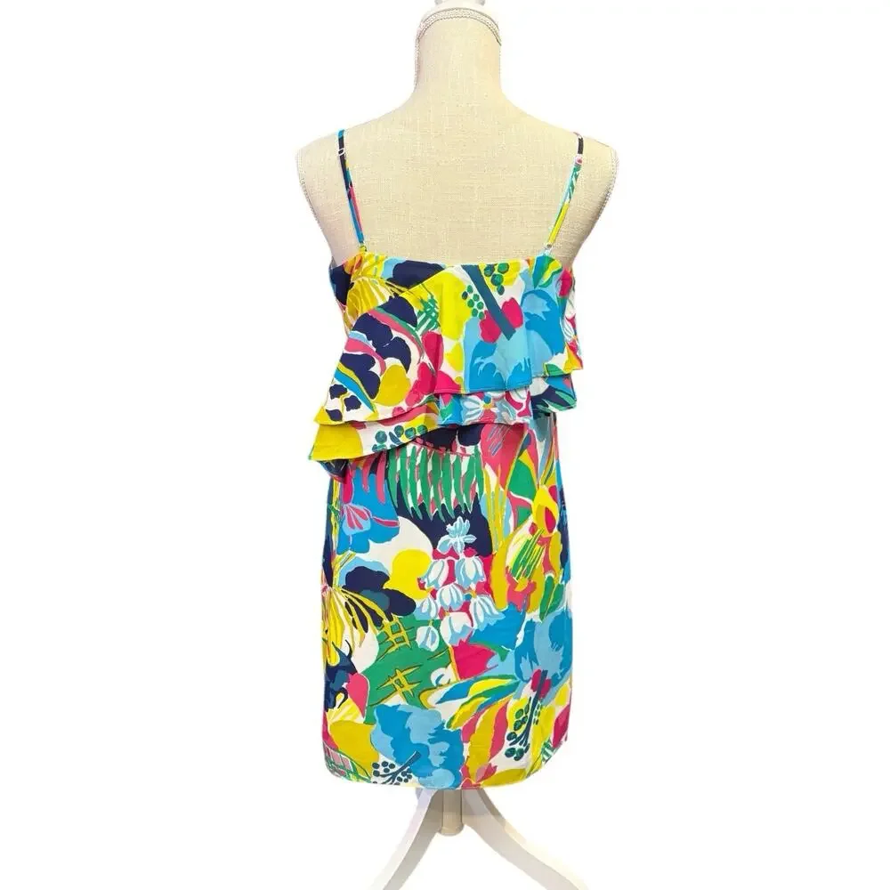 J.Crew Dress Ruffle Front Bright Multi Floral Spaghetti Strap Midi Size 4